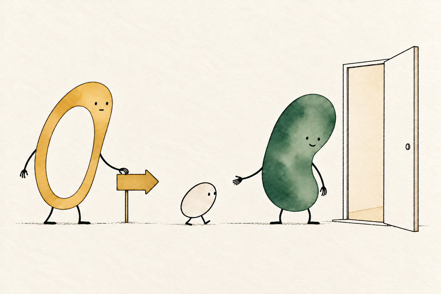 Loop points a customer toward an open doorway, where E offers a welcome